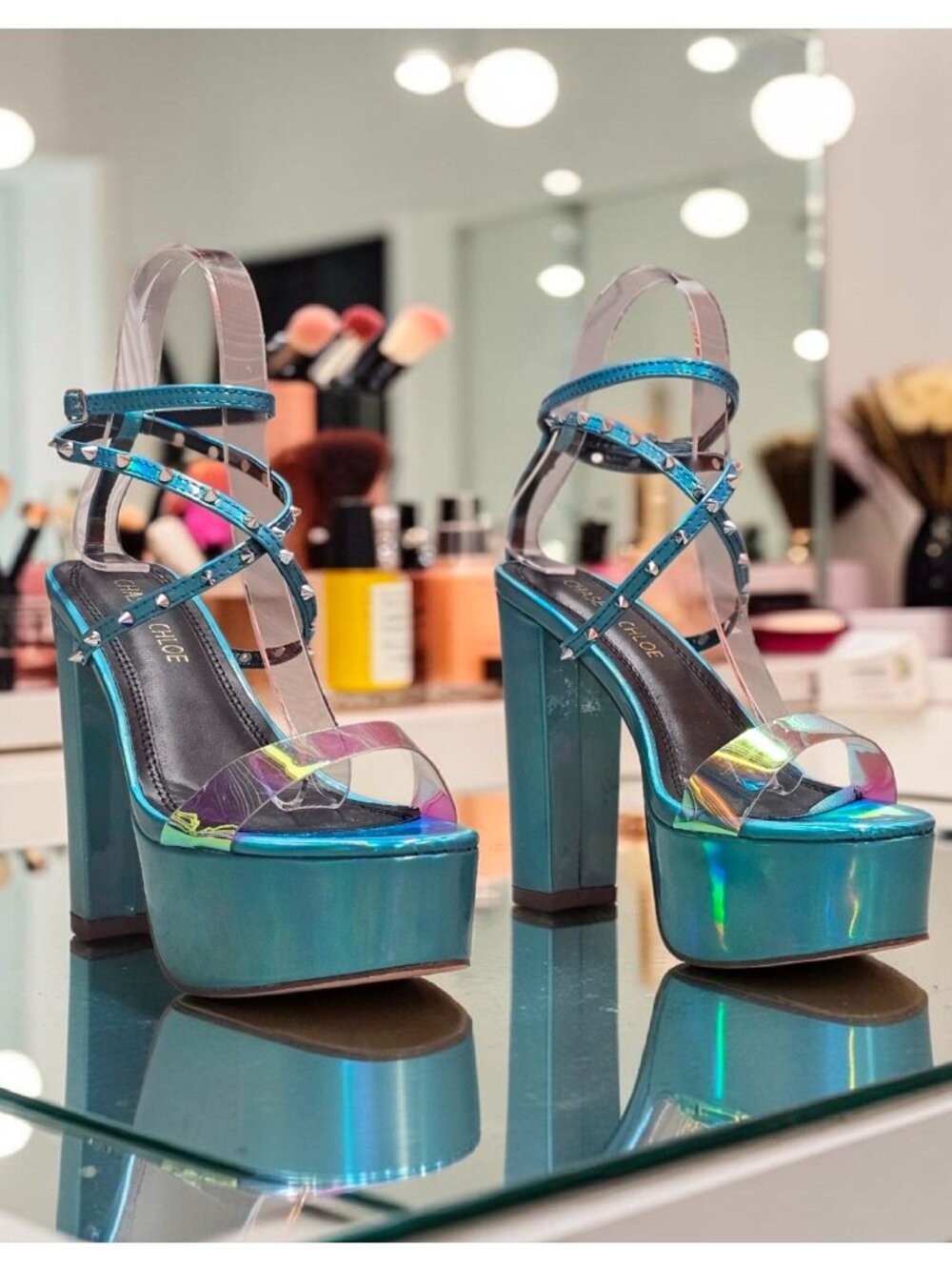 Holographic Blue Platform High Heel Sandals With Clear Strap & Studded Accents O